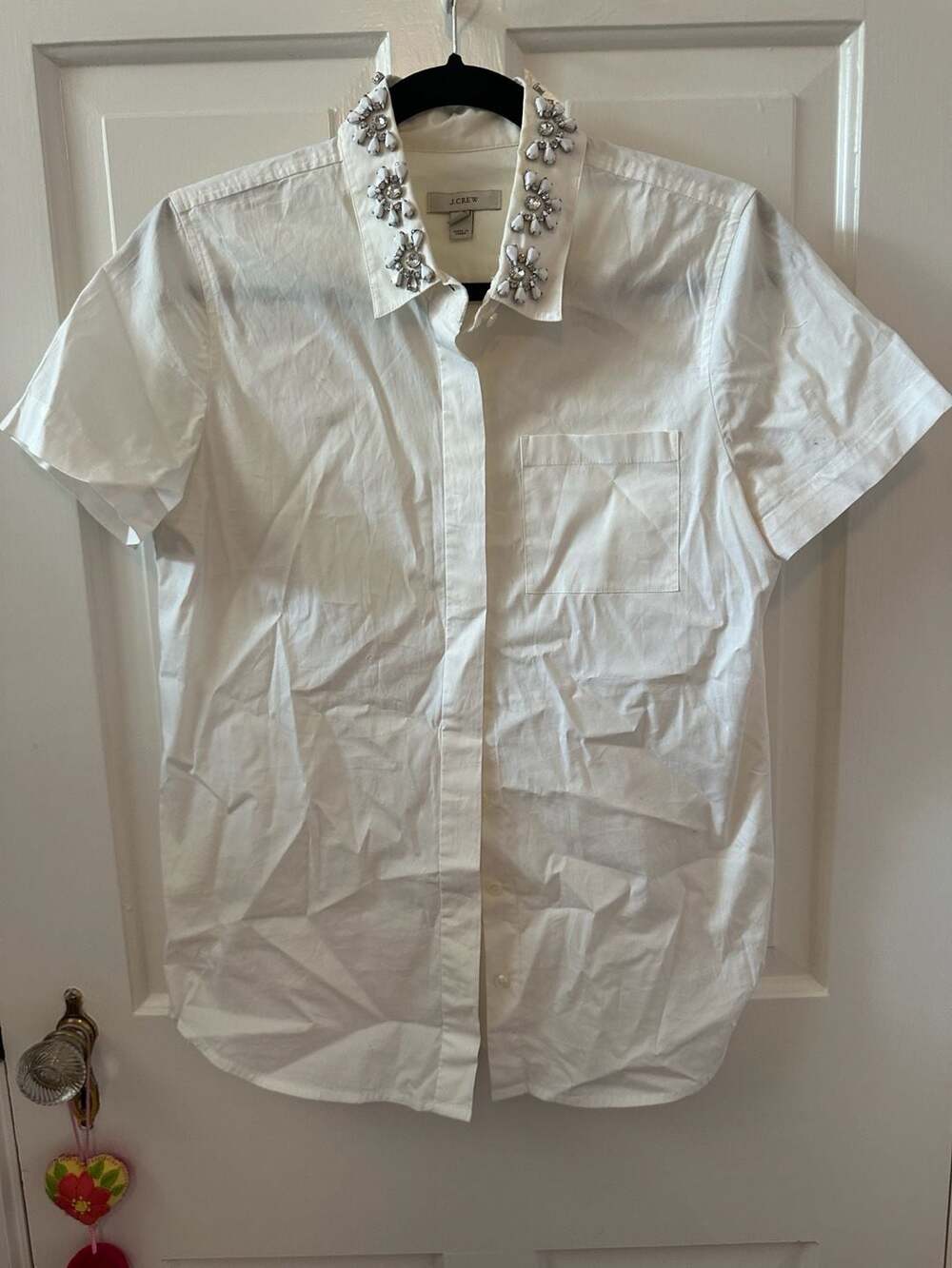 J. Crew White Embellished Collar Short-Sleeve Button-Up Shirt